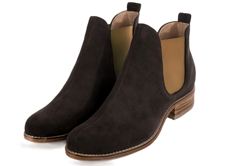 Dark brown and camel beige dress booties for men. Round toe. Flat leather soles. Front view - Florence KOOIJMAN